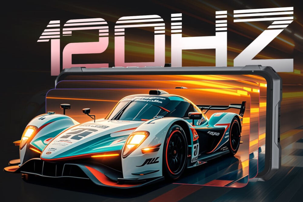 Smartfon CUBOT King Kong 11 5G 16/256GB 6.72 120Hz Czarny Grafika promująca częstotliwość odświeżania 120Hz, na której sportowy samochód wyścigowy wyjeżdża z ekranu smartfona