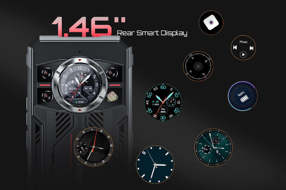 Smartfon CUBOT King Kong 11 5G 16/256GB 6.72 120Hz Czarny Zbliżenie na tylną część smartfona Cubot z okrągłym wyświetlaczem pomocniczym 1.46 cala oraz prezentacją różnych tarcz zegarka i funkcji wyświetlanych na tym ekranie (kompas, muzyka, bateria)