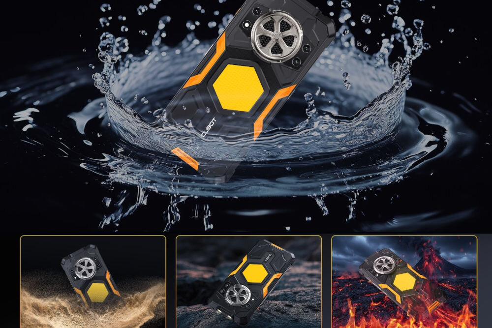 Smartfon CUBOT KING KONG Power 5 16/128GB 6.88 120Hz Czarny rzy miniatury i jedno główne zdjęcie pokazujące pancerny smartfon Cubot testowany na wodoodporność (rozbryzg wody), pyłoszczelność (w piasku) i odporność na wstrząsy/ciepło (na lawie/ogniu)