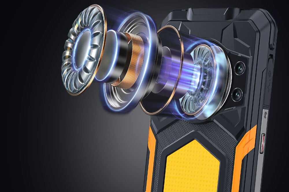 Smartfon CUBOT KING KONG Power 5 16/128GB 6.88 120Hz Czarny Schemat budowy i działania głośnika smartfona Cubot (elementy konstrukcyjne i cewka) w wizualizacji rentgenowskiej, podkreślający jakość dźwięku lub głośność