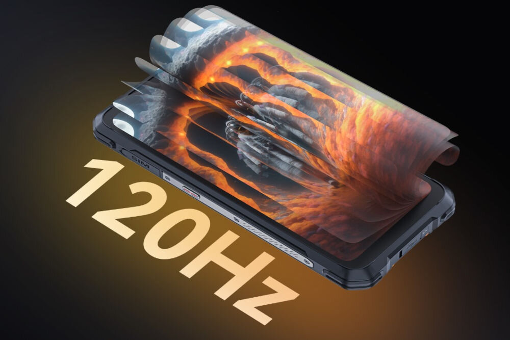 Smartfon CUBOT KING KONG Power 5 16/128GB 6.88 120Hz Czarny Wizualizacja promująca częstotliwość odświeżania ekranu 120Hz, na której ekran smartfona wyświetla dynamiczny obraz wulkanu/lawy, a duży napis 