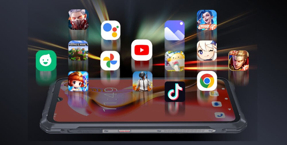 Smartfon CUBOT KING KONG Power 5 16/128GB 6.88 120Hz Czarny Grafika promująca wydajność smartfona Cubot, przedstawiająca różne ikony popularnych gier i aplikacji unoszące się nad ekranem telefonu