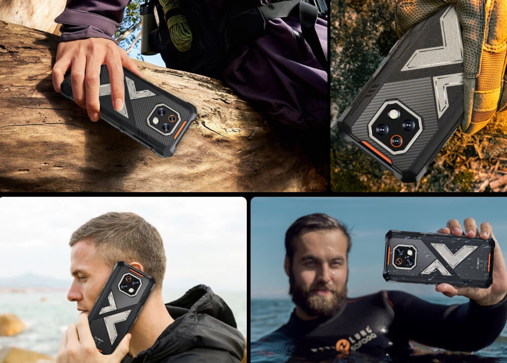 Smartfon CUBOT King Kong ES 6/256GB 6.75 90Hz Kolaż czterech ujęć pancernego smartfona Cubot w różnych scenariuszach outdoorowych: osoba trzymająca go na pniu drzewa, zbliżenie na tylną obudowę w rękawicy, mężczyzna rozmawiający przez telefon nad wodą, i mężczyzna w wodzie prezentujący wodoodporność