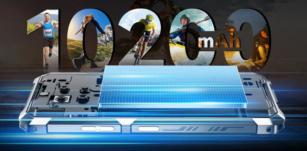 Smartfon CUBOT King Kong ES 6/256GB 6.75 90Hz Schemat budowy smartfona Cubot KingKong z widocznym akumulatorem. Duży napis 10600 mAh jest wypełniony zdjęciami osób uprawiających sporty ekstremalne (bieganie, wspinaczka, jazda na rowerze, kajakarstwo), promując długi czas pracy baterii