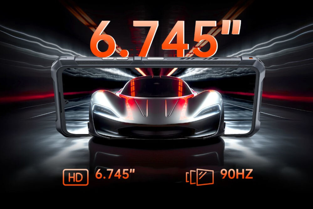 Smartfon CUBOT King Kong ES 6/256GB 6.75 90Hz Wizualizacja ekranu smartfona Cubot o przekątnej 6.745 cala i odświeżaniu 90Hz, z dynamicznym obrazem sportowego samochodu wyjeżdżającego z ekranu, promująca jakość wyświetlacza