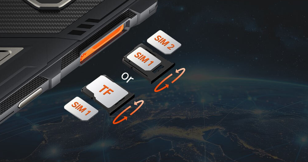 Smartfon CUBOT King Kong ES 6/256GB 6.75 90Hz Schemat przedstawiający hybrydową tackę na karty SIM w smartfonie Cubot, ilustrujący możliwość użycia dwóch kart SIM (SIM 1 + SIM 2) lub jednej karty SIM i karty pamięci MicroSD/TF (SIM 1 + TF)