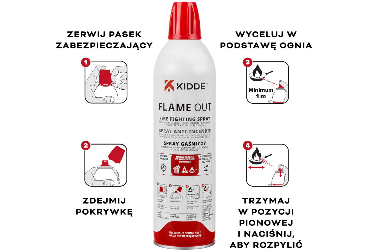 SPRAY GAŚNICZY KIDDE FLAMEOUT (500 ML), doświadczenia, strumień, przycisk, precyzyjna, dysza, Instrukcja użycia sprayu gaśniczego Kidde FlameOut z grafikami krok po kroku wokół produktu.