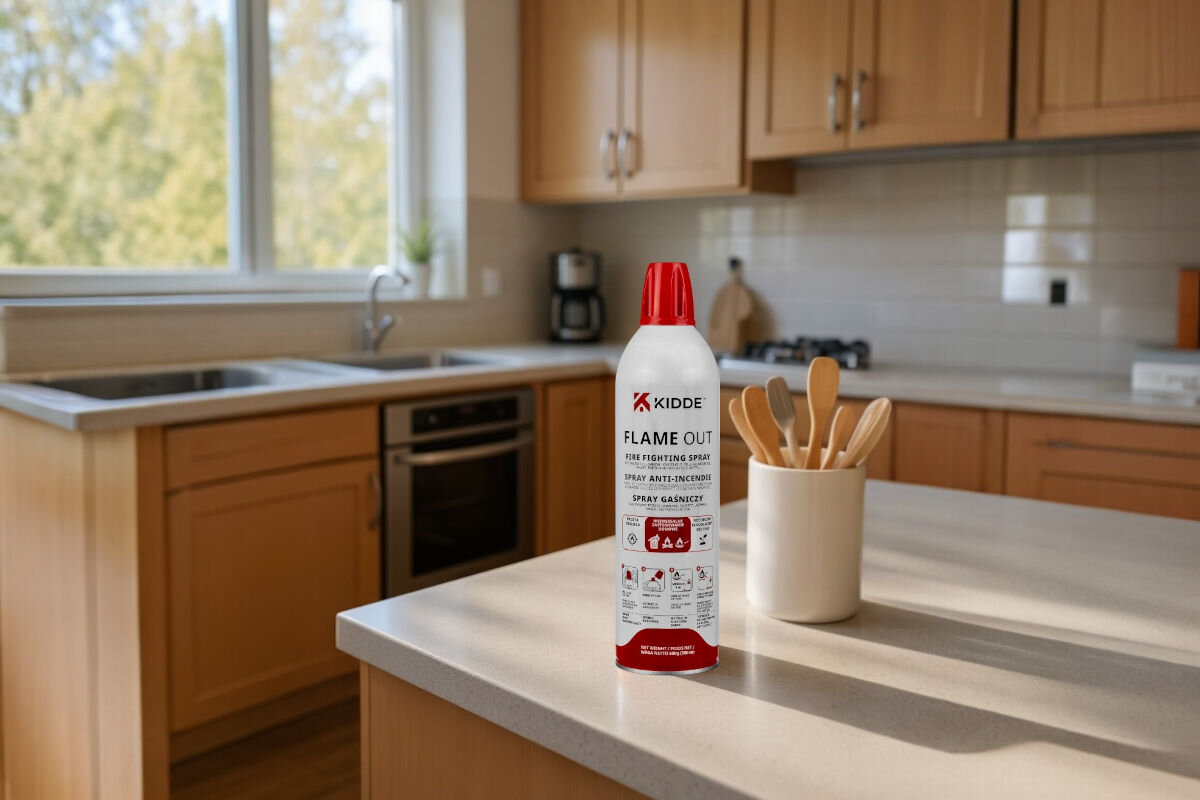 SPRAY GAŚNICZY KIDDE FLAMEOUT (500 ML), bezpieczny, żywność, przetrzeć, powierzchnia, Puszka sprayu gaśniczego Kidde FlameOut wyeksponowana na kuchennej wyspie w jasnej kuchni.