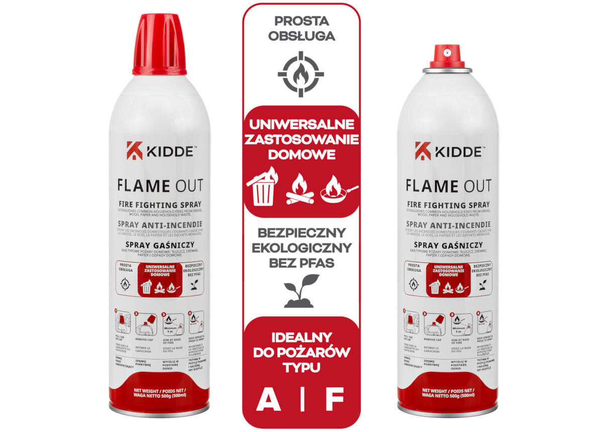 SPRAY GAŚNICZY KIDDE FLAMEOUT (500 ML), spowodowane, papier, solidne, wsparcie,  Instrukcja użycia sprayu gaśniczego Kidde FlameOut z grafikami krok po kroku wokół produktu.
