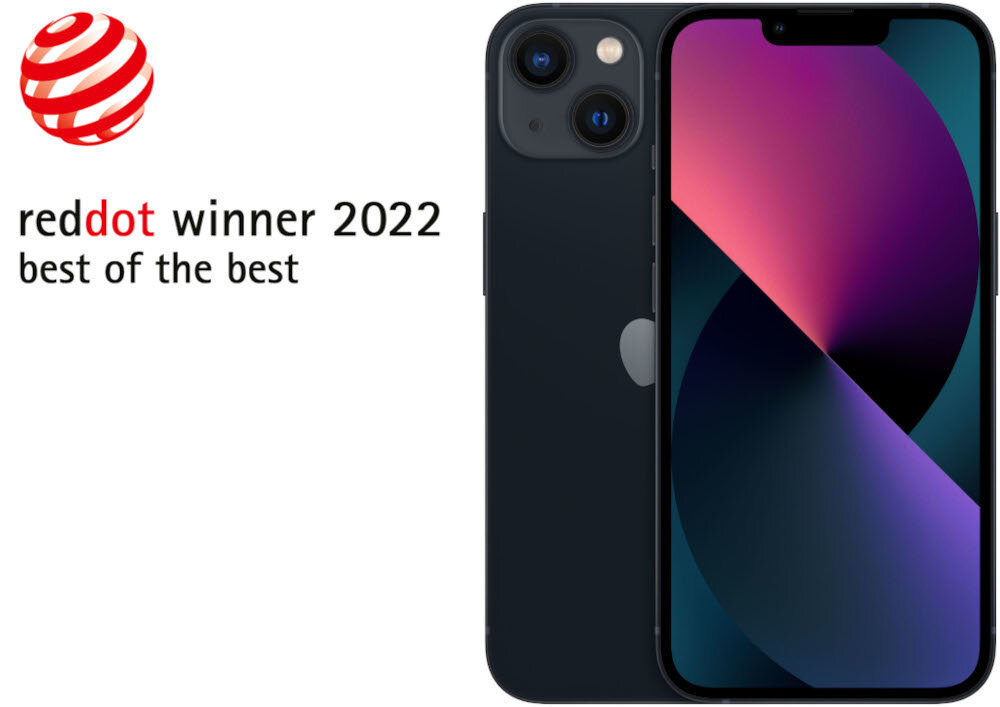 Na obrazie widoczny jest smartfon z ciemnym wyświetlaczem i dwoma aparatami z tyłu. Obok znajduje się tekst: \'reddot winner 2022 best of the best\'.