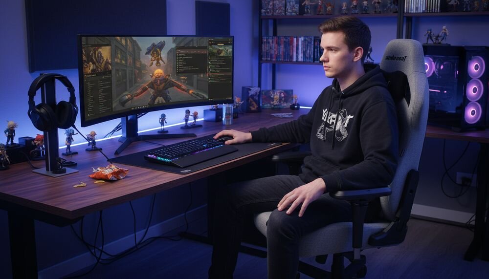 Fotel gamingowy ANDA SEAT Kaiser 4 V2 XL Szary, fotel, gaming, komfort, ergonomia, osoba siedzi na fotelu gamingowym w pokoju i gra w gre