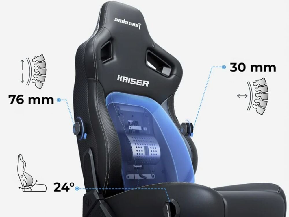 Fotel gamingowy ANDA SEAT Kaiser 4 V2 XL Szary, lędźwie, regulacja, podparcie, zdrowie, Mechanizm wsparcia lędźwiowego z wymiarami regulacji.