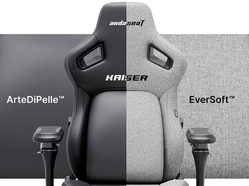 Fotel gamingowy ANDA SEAT Kaiser 4 V2 XL Szary, arteDipelle, eversoft, materiał, oddychalność, Porównanie dwóch rodzajów obić: skórzanego i materiałowego.