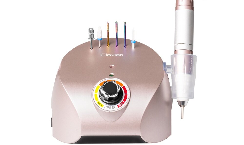 Frezarka do paznokci CLAVIER FX 600 Różowy przełącznik kierunku, dopasowanie tempa pracy, stabilne trzymanie, zasilanie sieciowe, bez utraty czasu