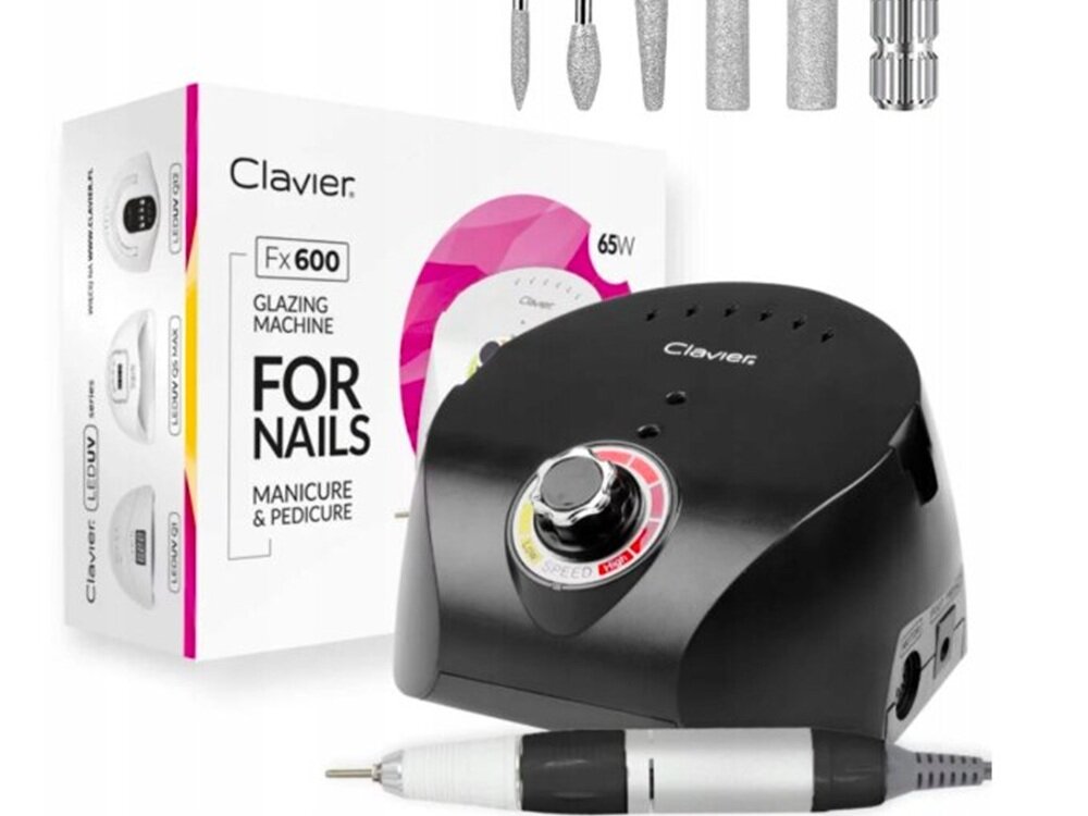 Na obrazie widoczna jest czarna frezarka do paznokci z logo \'Clavier\' oraz zestaw kolorowych końcówek. Obok znajduje się pudełko z napisem \'Clavier Fx 600 Glazing Machine For Nails Manicure & Pedicure 65W\'.