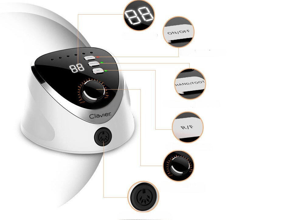 Frezarka do paznokci CLAVIER FX 820 Biały frezy diamentowe, kapturki, opracowanie płytki paznokcia, wygładzenie powierzchni