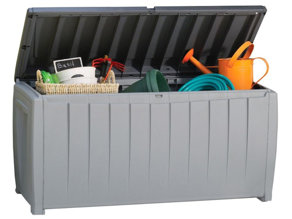 Skrzynia ogrodowa KETER Novel Storage Box Szaro-czarny z wysokiej jakości materiału EVOTECH imituje naturalny splot rattanowy nie wymaga konserwacji system JUST CLICK AND GO montaż na zatrzaski