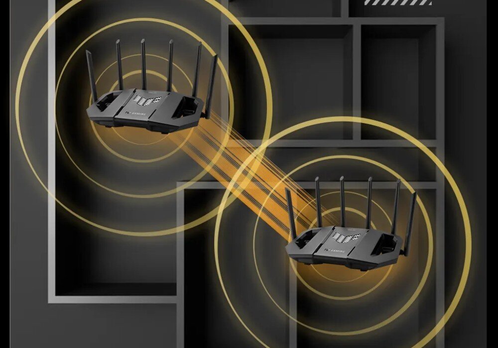 Router ASUS TUF Gaming BE9400 Dwa czarne routery przesyłające między sobą złote fale sygnału na ciemnym tle, technologia Mesh