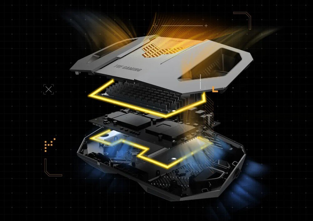 Router ASUS TUF Gaming BE9400 Rozstrzelony widok routera ukazujący jego wewnętrzne warstwa, w tym obudowę, radiatory i płytę główną, budowa, radiatory, wytrzymałość