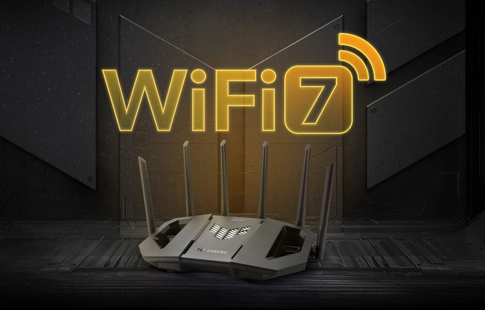 Router ASUS TUF Gaming BE9400 Router stojący na tle dużego, świecącego na żółto neonowego napisu 'WiFi 7', standard, technologie