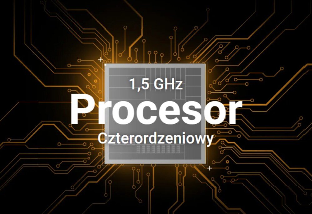 Router ASUS TUF Gaming BE9400 Grafika przedstawiająca procesor na tle obwodów drukowanych z napisem '1,5 GHz Procesor Czterordzeniowy', procesor, pamięć, wydajność