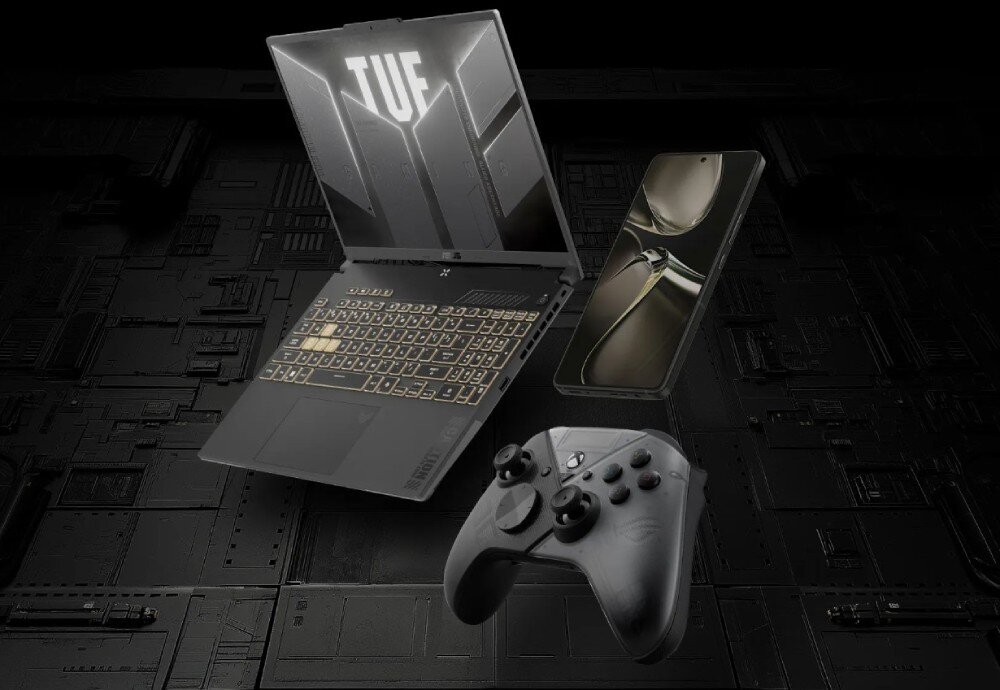 Router ASUS TUF Gaming BE9400 Zestaw urządzeń elektronicznych obejmujący laptop, kontroler do gier i smartfon na ciemnym tle, funkcje dla graczy, rozwiązania