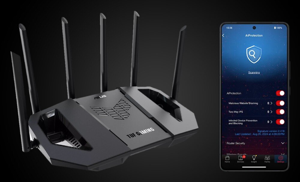 Router ASUS TUF Gaming BE9400 Router oraz smartfon wyświetlający interfejs aplikacji mobilnej z funkcją skanowania bezpieczeństwa, bezpieczeństwo, filtry DNS, kontrola rodzicielska