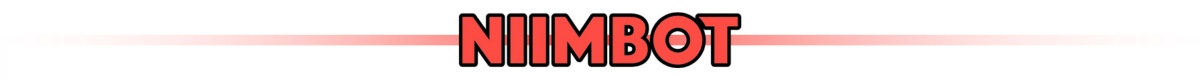 Logo z napisem \'NIIMBOT\' w czerwonym kolorze na białym tle z delikatnym czerwonym gradientem po bokach.
