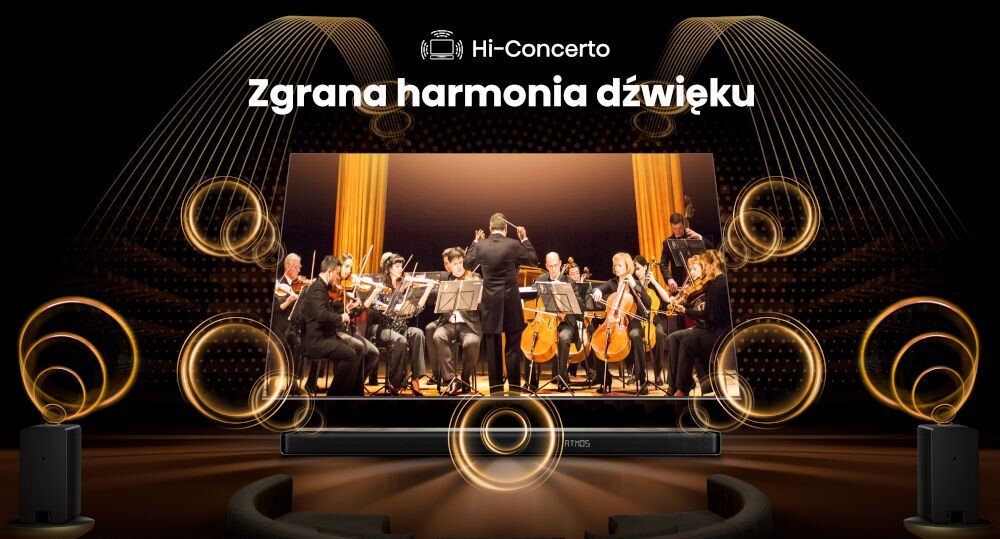 Soundbar HISENSE AX5140Q Hi-Concerto bez kabli spójny system dźwięku, telewizor z soundbarem oraz głosnikami z których wydobywa się dźwięk