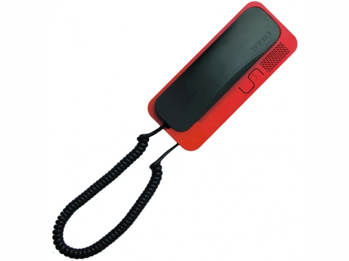 Unifon CYFRAL Smart-D Czarno-czerwony, zestaw, trwałość, przewód, śruby, Unifon Smart-D czarno-czerwony widoczny z góry, wyraźne wymiary: 198×84×34 mm, kabel spiralny.