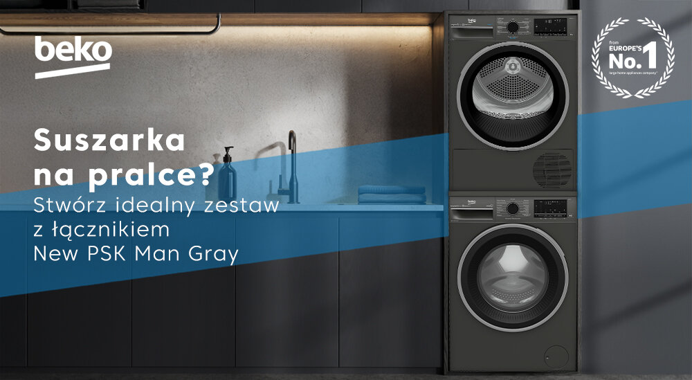 ŁĄCZNIK DO SUSZAREK BEKO visual top baner białe szafki dwa urządzenia jedno na drugim pralka suszarka dekoracje półki rośliny
