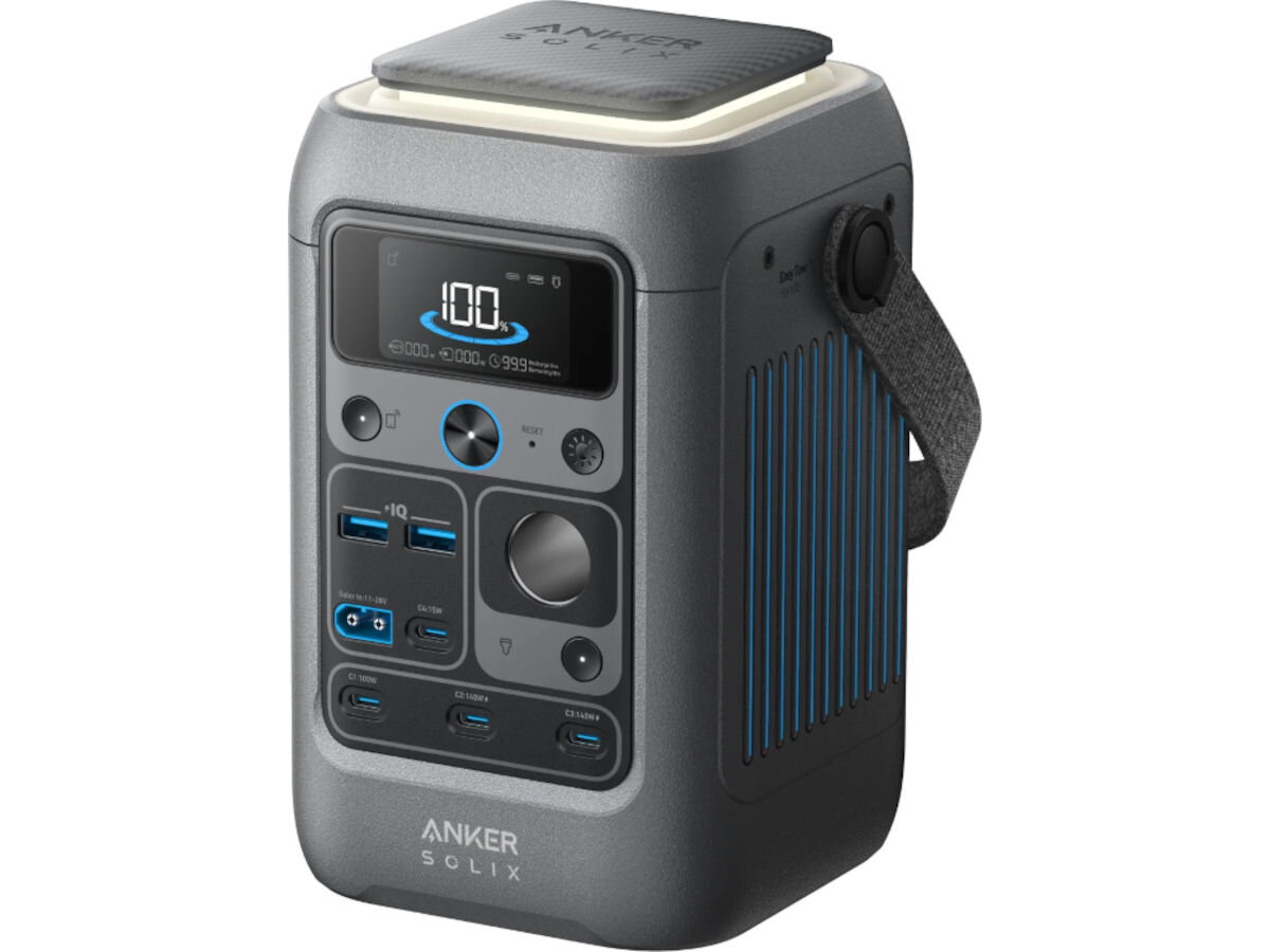 Stacja zasilania ANKER Solix C300X DC 288WH Bank energii + Panel solarny PS60 60W, SurgePad, porty, USB-C, gadżety, na białym tle stacja zasilania frontem prawo skos