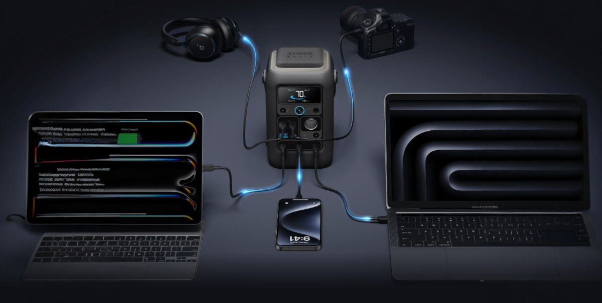 Stacja zasilania ANKER Solix C300X DC 288WH Bank energii + Panel solarny PS60 60W, cicha, dyskretna, nocna, komfortowa, na czarnym tle stacja zasila sprzęt elektroniczny