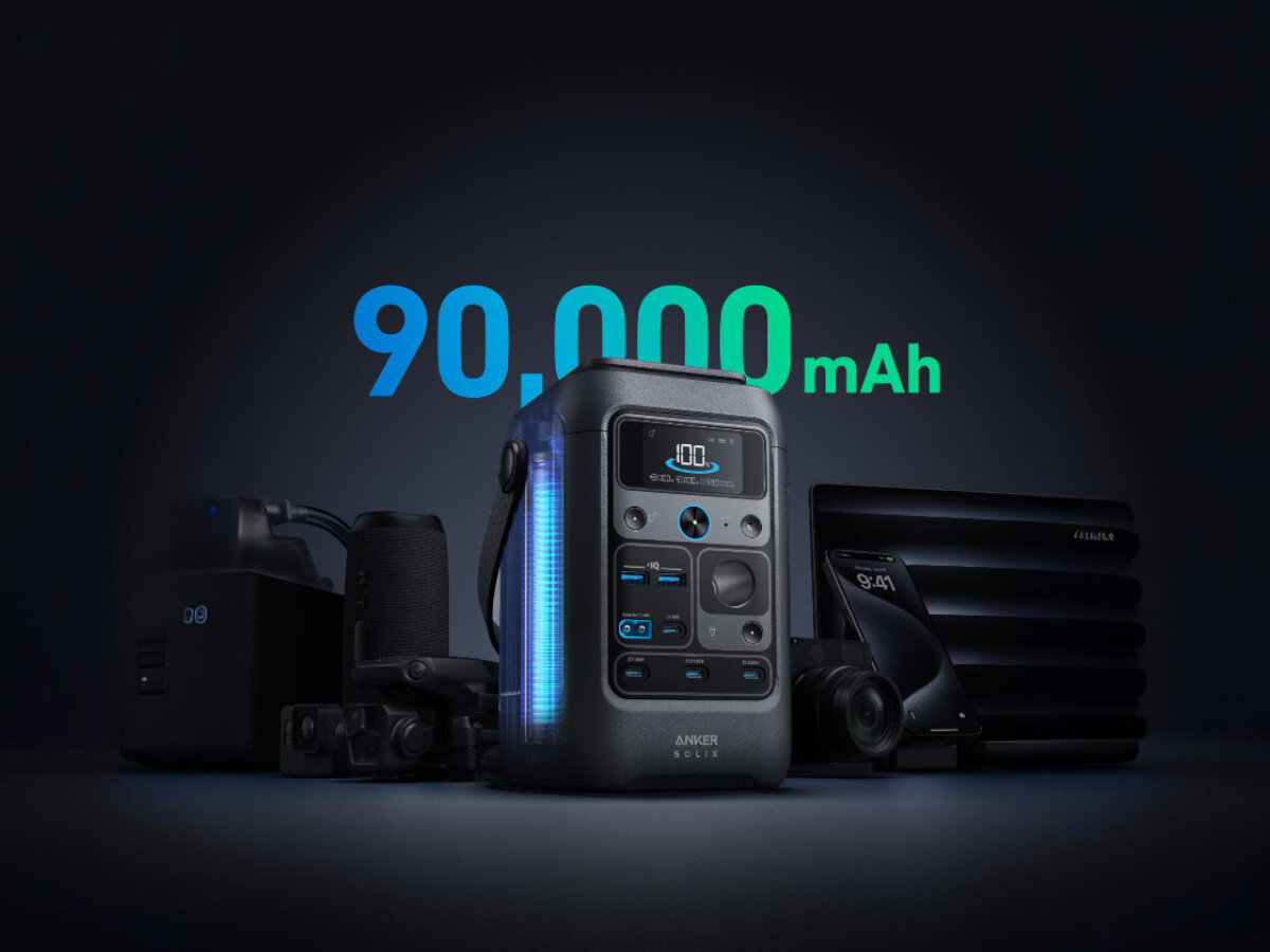 Stacja zasilania ANKER Solix C300X DC 288WH Bank energii + Panel solarny PS60 60W, lekka, wymiary, plecak, mobilna, na czarnym tle napis 90000 mah, na pierwszym planie stacja zasilania z sprzętem elektronicznym