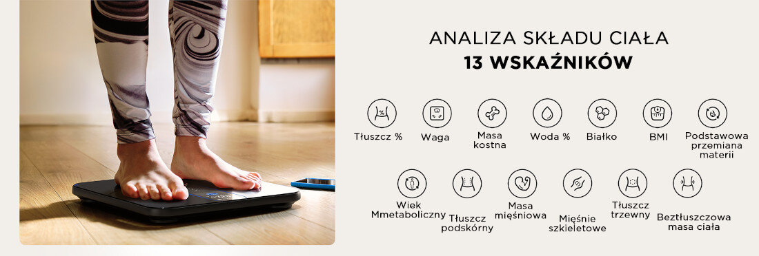 Waga łazienkowa RENPHO Elis Nova A031 Szeroka analiza organizmu Technologia BIA pomiar 13 kluczowych parametrów przejrzysty obraz stanu ciała