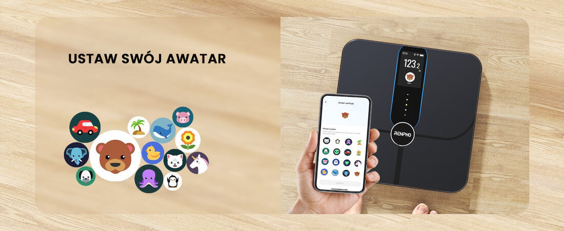 Waga łazienkowa RENPHO Elis Nova A031 Tryb ciążowy, niemowlęcy i sportowca pomaga monitorować zdrowie Opcja personalizacji z wyborem awatara Rozpoznawalny interfejs 