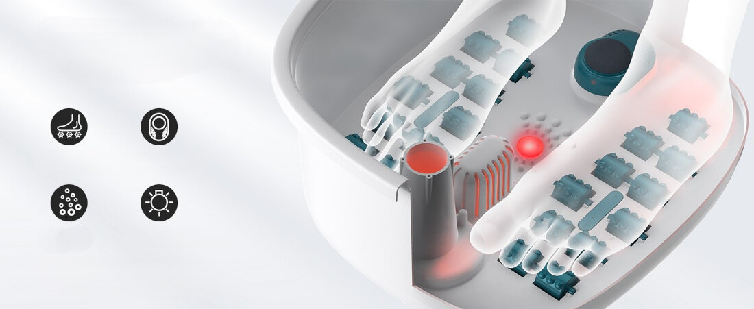 Masażer do stóp RENPHO Foot Spa R-X002 Trzy tryby same bąbelki, wibracje z bąbelkami lub wyłącznie wibracje Kojące fale i tysiące delikatnych pęcherzyków ulga po kilku chwilach pobudzają krążenie  przygotowują skórę do pielęgnacji