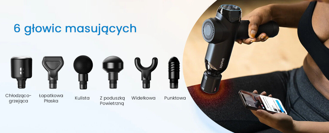 Masażer ręczny Gun RENPHO C001SH  Wymienne końcówki Sześć głowic masujących na dużych i małych grupach mięśni od delikatnego rozluźnienia po intensywną terapię punktów bólowych