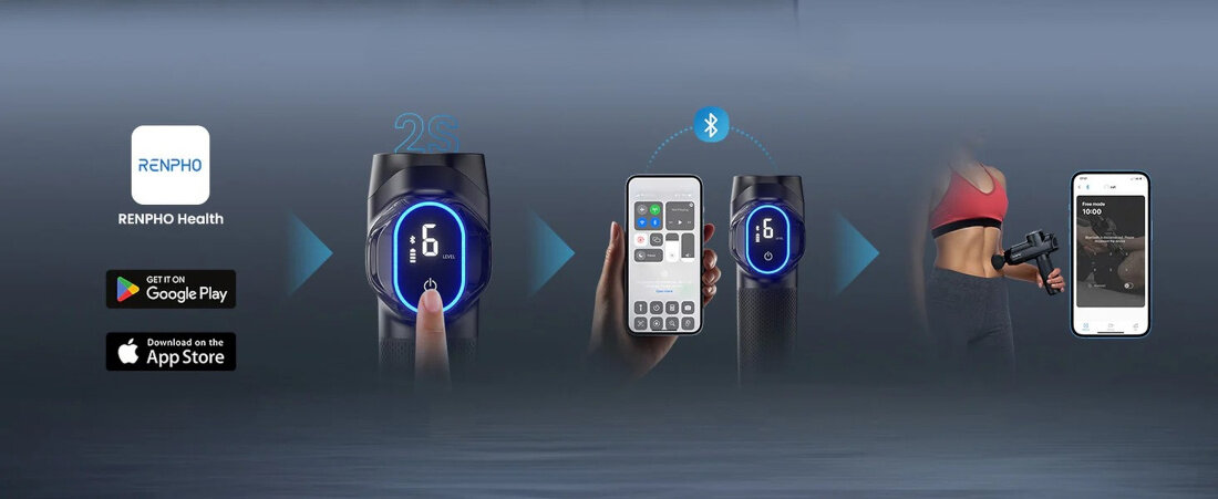 Masażer ręczny Gun RENPHO C001SH Aplikacja mobilna łatwe dopasowanie prędkości i metody masażu Dostęp do materiałów instruktażowych 