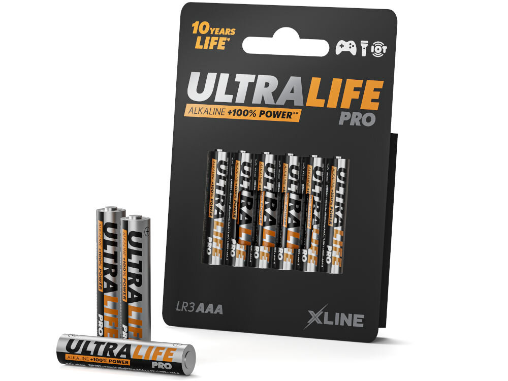Opakowanie sześciu baterii AAA marki XLINE z napisem \'ULTRALIFE PRO\' oraz \'ALKALINE +100% POWER\'. Widoczny jest również napis \'10 YEARS LIFE\' i symbol LR3 AAA.
