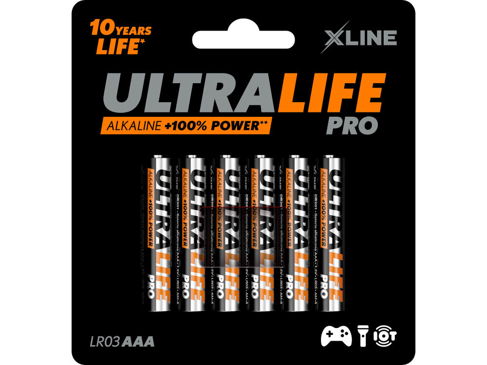 Opakowanie sześciu baterii AAA marki XLINE z napisem \'ULTRALIFE PRO\' oraz informacją \'ALKALINE +100% POWER\'. Widoczne są również ikony sugerujące zastosowanie do gier, latarek i urządzeń optycznych.