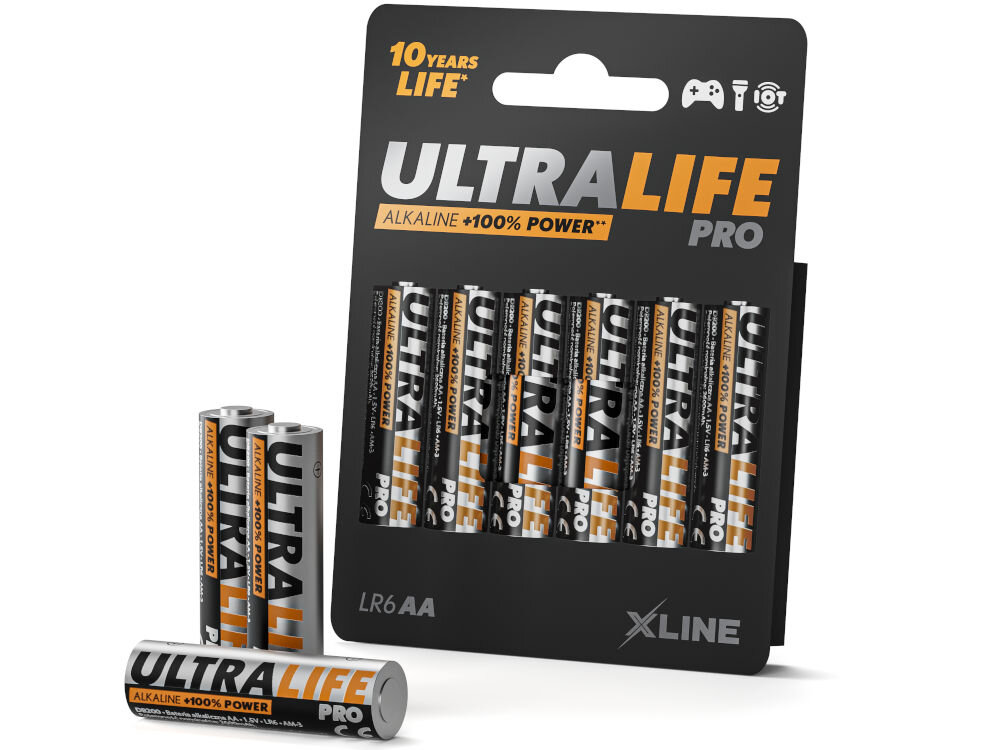 Na obrazie widoczne są baterie AA marki XLINE, zapakowane w czarne opakowanie z napisem \'ULTRALIFE PRO\'. Na opakowaniu znajduje się również tekst \'ALKALINE +100% POWER\' oraz \'10 YEARS LIFE\'.