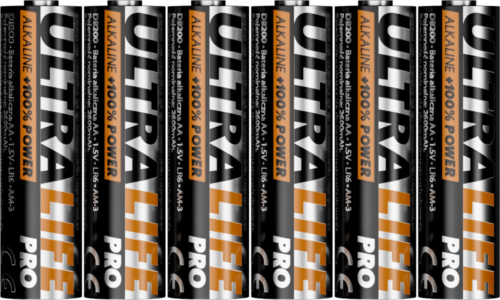 Na obrazie widoczne są baterie z napisem \'ULTRA LIFE PRO\' oraz \'ALKALINE +100% POWER\'.
