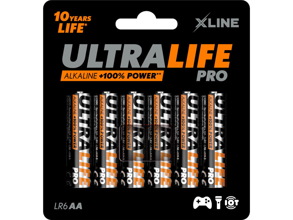 Opakowanie sześciu baterii alkalicznych AA marki XLINE z napisem \'ULTRALIFE PRO\' oraz informacją \'ALKALINE +100% POWER\'. Widoczne są również ikony sugerujące zastosowanie do gier, latarek i aparatów fotograficznych.