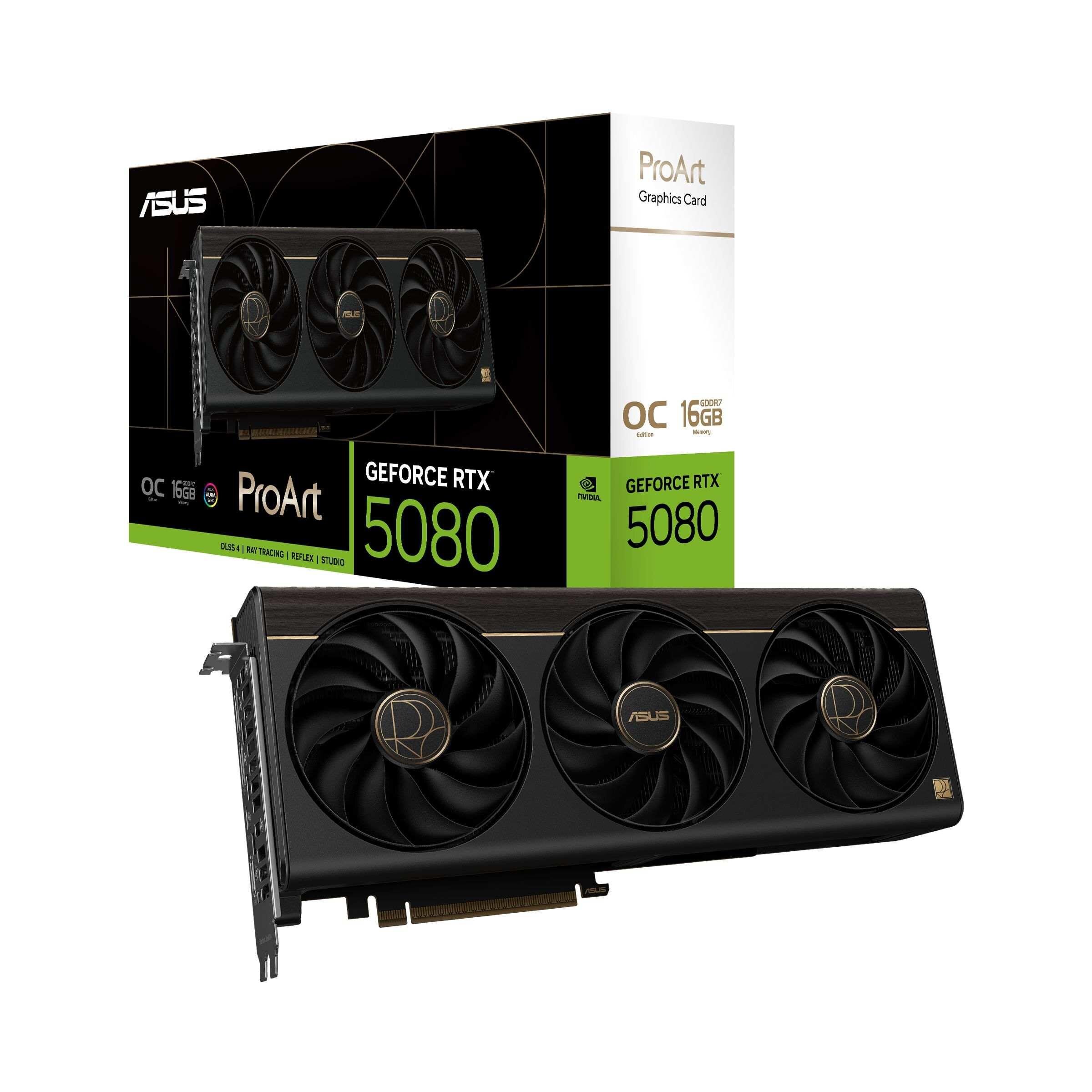 Na obrazie widoczna jest karta graficzna z trzema wentylatorami oraz opakowanie z napisami: \'ProArt\', \'GEFORCE RTX 5080\', \'OC 16GB GDDR7\'. Logo producenta to \'ASUS\'.