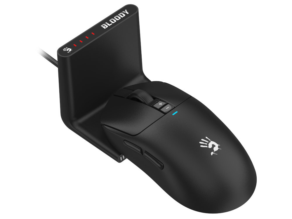 A4TECH Bloody R72 R72 Pro Duo dwa odbiorniki 2.4G Stacjonarny dock L++ funkcję ładowarki wskaźnikiem baterii Nano Receiver technologia WaveLink trzykrotnie w ciągu 1 ms - mysz ze stacją dokującą na białym tle