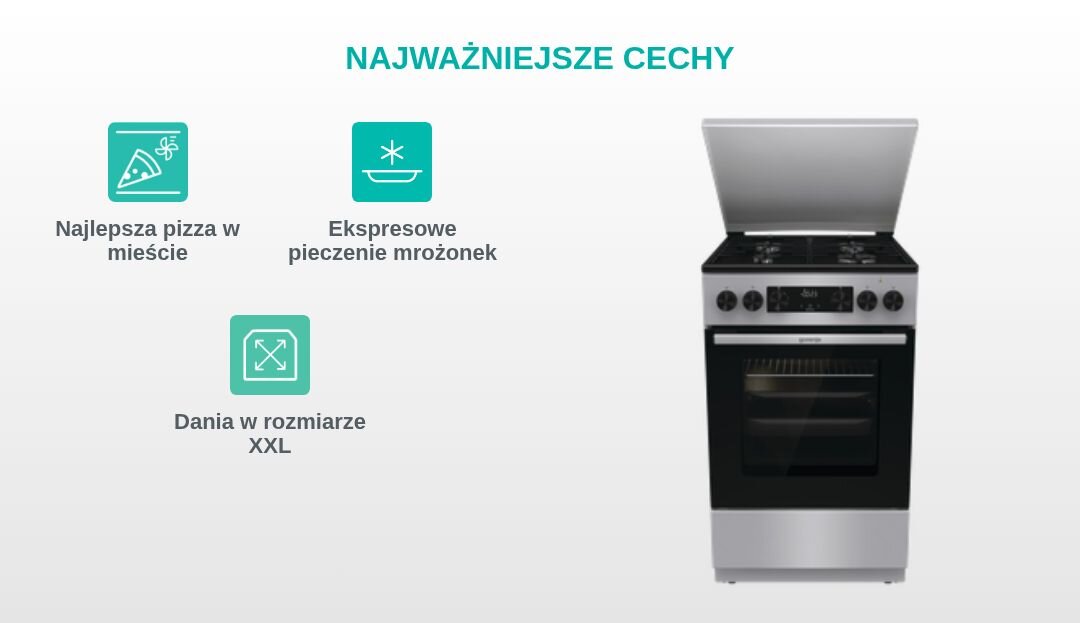 KUCHNIA GORENJE GK5C43SH Grafika produktowa z kuchnią wolnostojącą Gorenje po prawej stronie oraz trzema turkusowymi piktogramami po lewej, opisanymi jako „Najlepsza pizza w mieście”, „Stabilne i trwałe ruszty” i „Łatwe wysuwanie blach” pod nagłówkiem „NAJWAŻNIEJSZE CECHY”