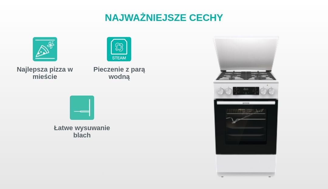 KUCHNIA GORENJE GKS5C72WF Grafika produktowa z kuchnią wolnostojącą Gorenje po prawej stronie oraz trzema turkusowymi piktogramami po lewej, opisanymi jako „Najlepsza pizza w mieście”, „Stabilne i trwałe ruszty” i „Łatwe wysuwanie blach” pod nagłówkiem „NAJWAŻNIEJSZE CECHY”