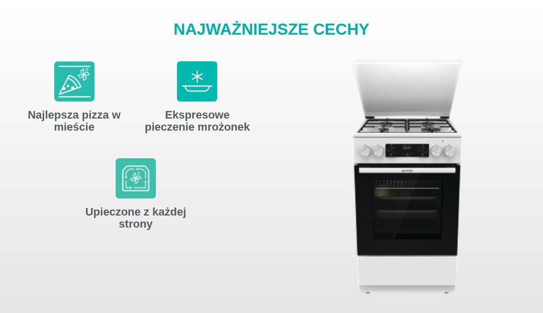 KUCHNIA GORENJE GK5C42WJ Grafika produktowa z kuchnią wolnostojącą Gorenje po prawej stronie oraz trzema turkusowymi piktogramami po lewej, opisanymi jako „Najlepsza pizza w mieście”, „Stabilne i trwałe ruszty” i „Łatwe wysuwanie blach” pod nagłówkiem „NAJWAŻNIEJSZE CECHY”