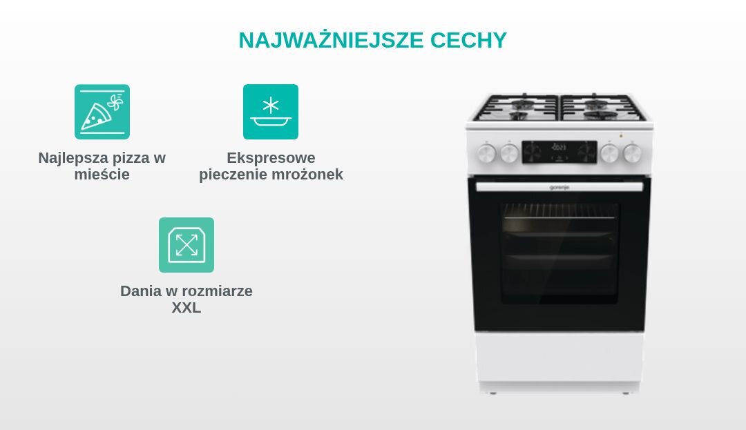 KUCHNIA GORENJE GK5C42WH Grafika produktowa z kuchnią wolnostojącą Gorenje po prawej stronie oraz trzema turkusowymi piktogramami po lewej, opisanymi jako „Najlepsza pizza w mieście”, „Stabilne i trwałe ruszty” i „Łatwe wysuwanie blach” pod nagłówkiem „NAJWAŻNIEJSZE CECHY”